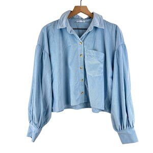 THML Blue Corduroy Long Sleeve Cropped Button Down Shirt